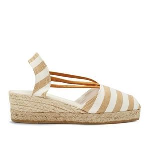 Sesto Camel Gold Striped Wedge Espadrille Heels Slingback Sandals White/ Beige 6